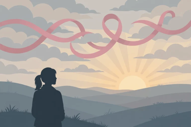 Editorial illustration of a silhouetted woman looking toward a sunrise with a pink awareness ribbon in the sky