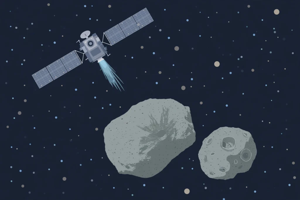Editorial illustration of the Hera spacecraft approaching two cratered asteroids