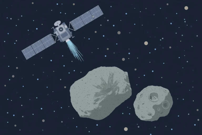 Editorial illustration of the Hera spacecraft approaching two cratered asteroids