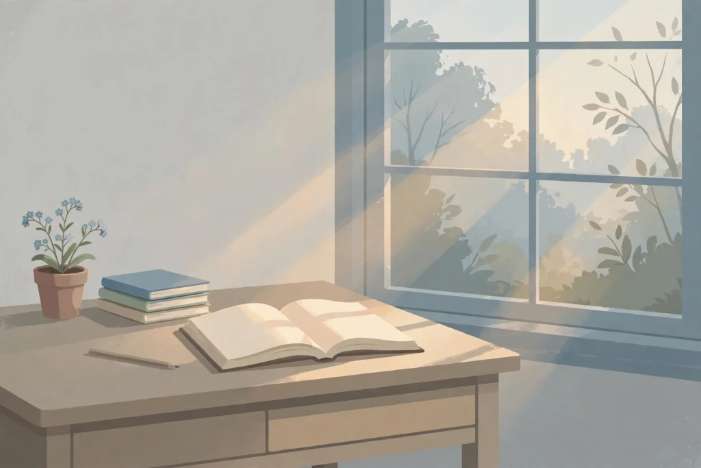 Editorial illustration of a school desk with an open book by a window, honoring an educator