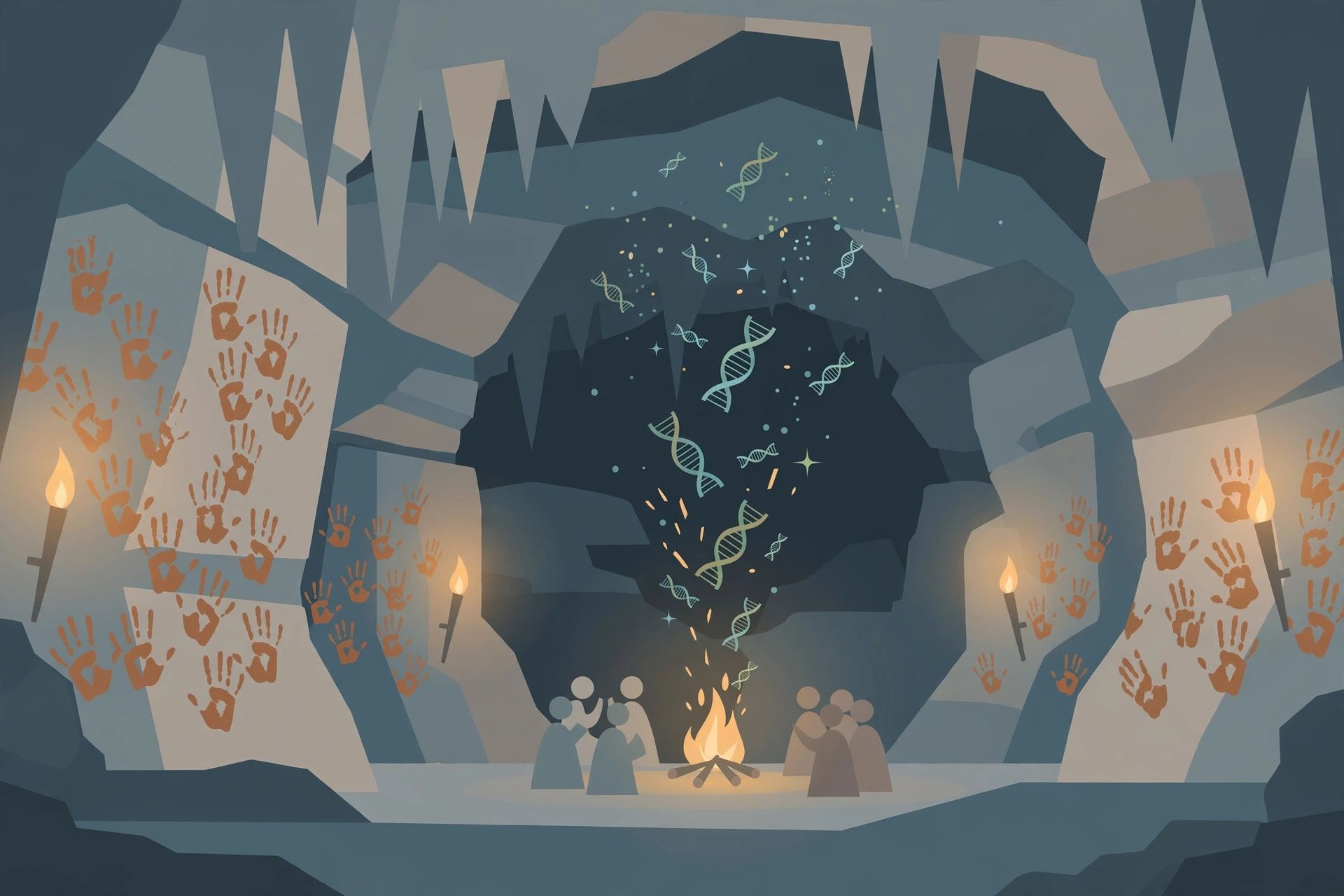 Editorial illustration of a prehistoric cave with hand stencils, firelight, and DNA motifs rising