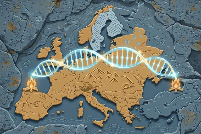 Editorial illustration of a glowing DNA double helix arching over a stone relief map of Europe