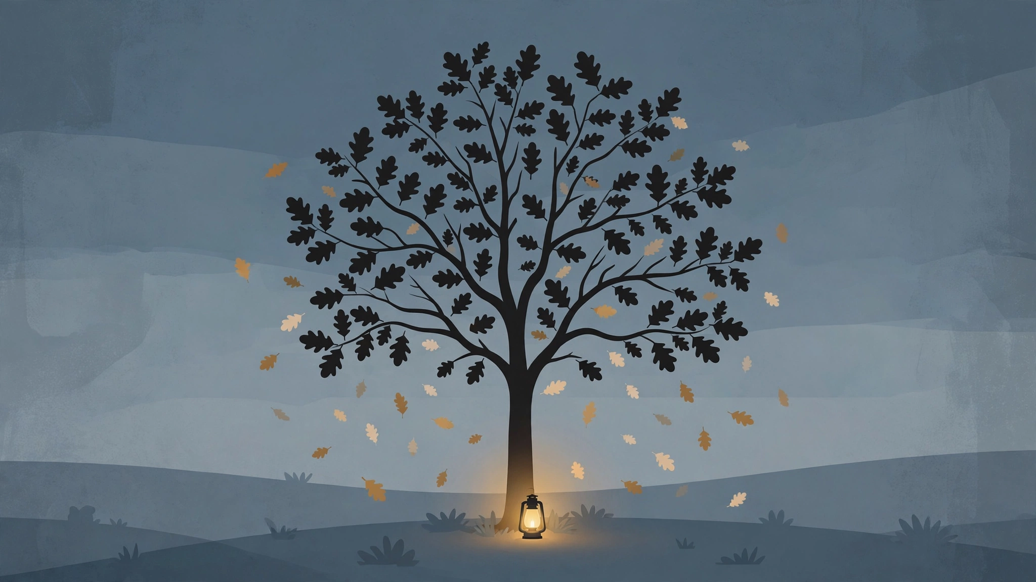 Editorial illustration of a lone oak tree at dusk with a glowing lantern