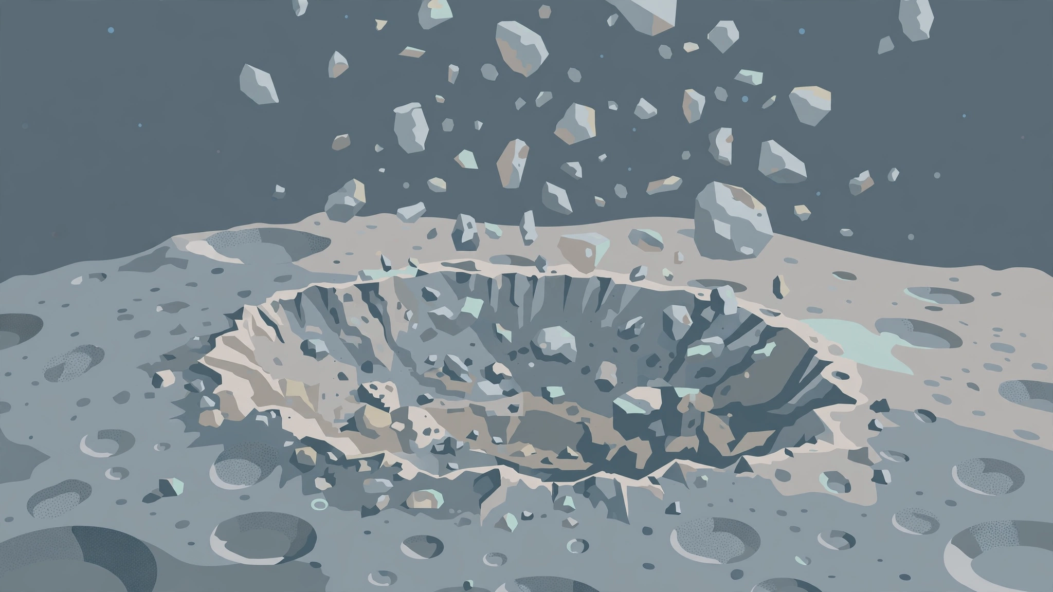 Editorial illustration of a fresh impact crater on an asteroid surface