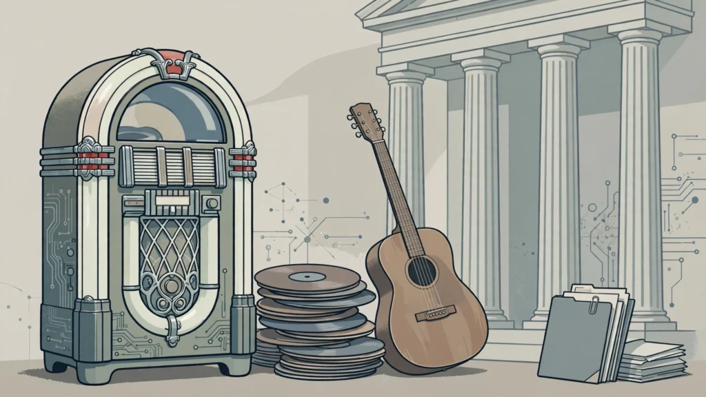 Illustration of a jukebox, guitar and courthouse columns