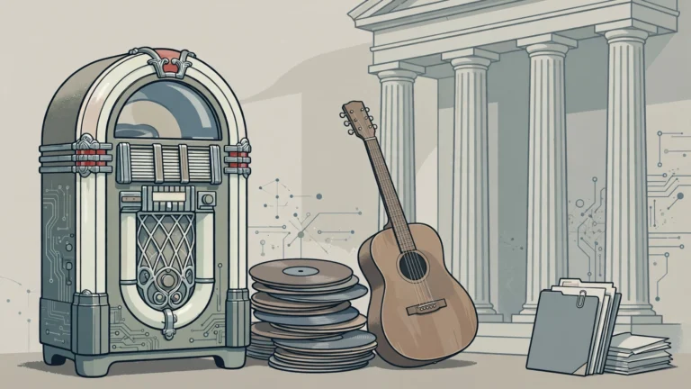 Illustration of a jukebox, guitar and courthouse columns