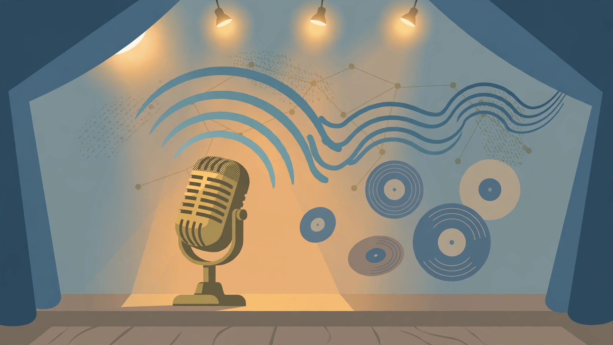 Illustration of a vintage microphone on a stage with vinyl records