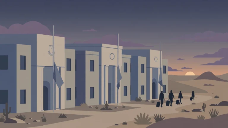 Illustration of embassy buildings at dusk with people carrying suitcases