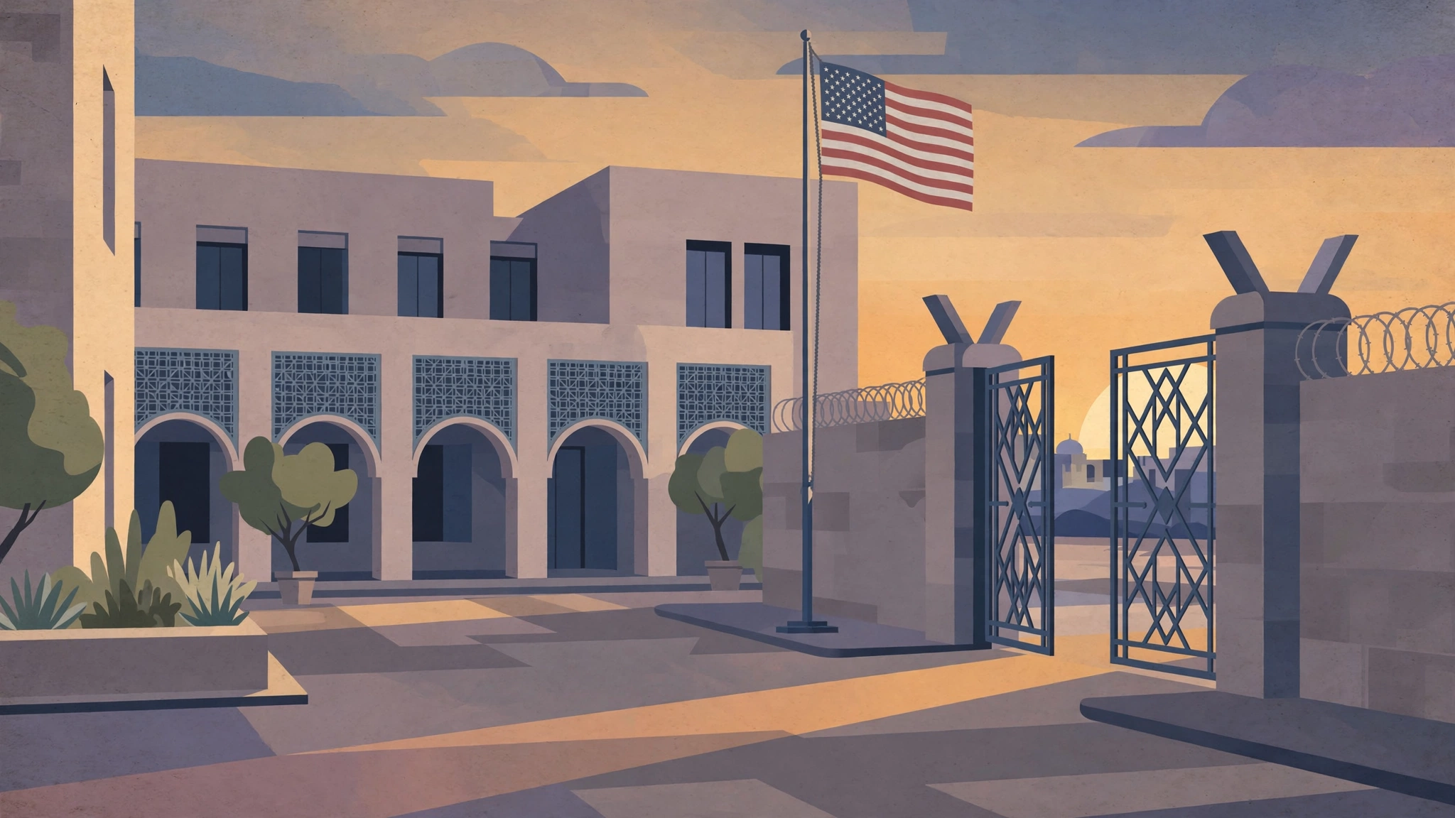 Illustration of an embassy courtyard and flagpole at sunset