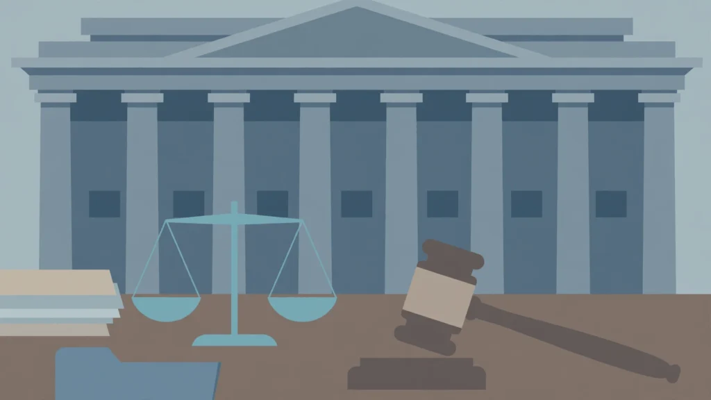 Editorial illustration of a courthouse with scales of justice and a gavel