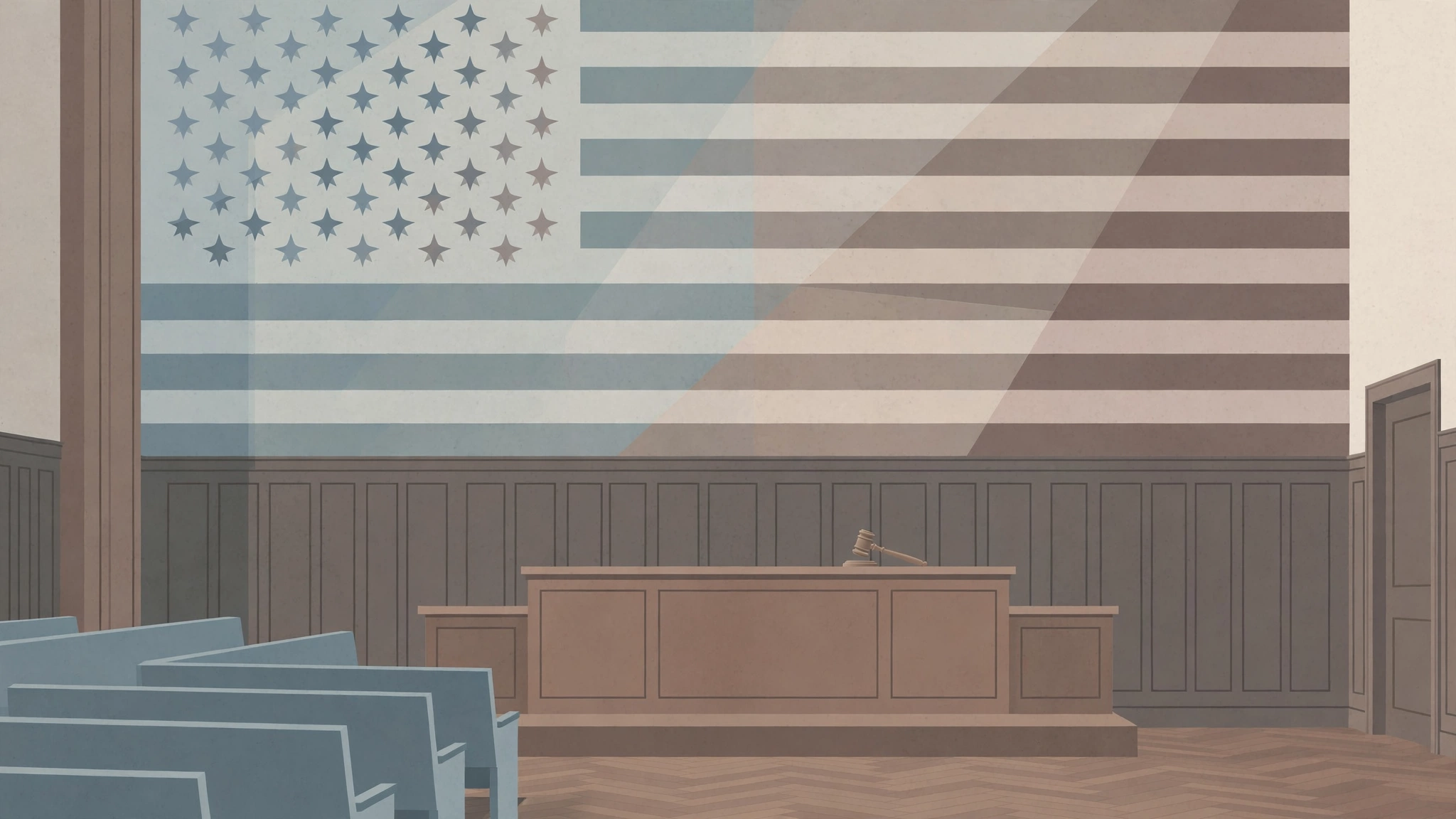 Editorial illustration of an empty courtroom bench beneath a stylised American flag