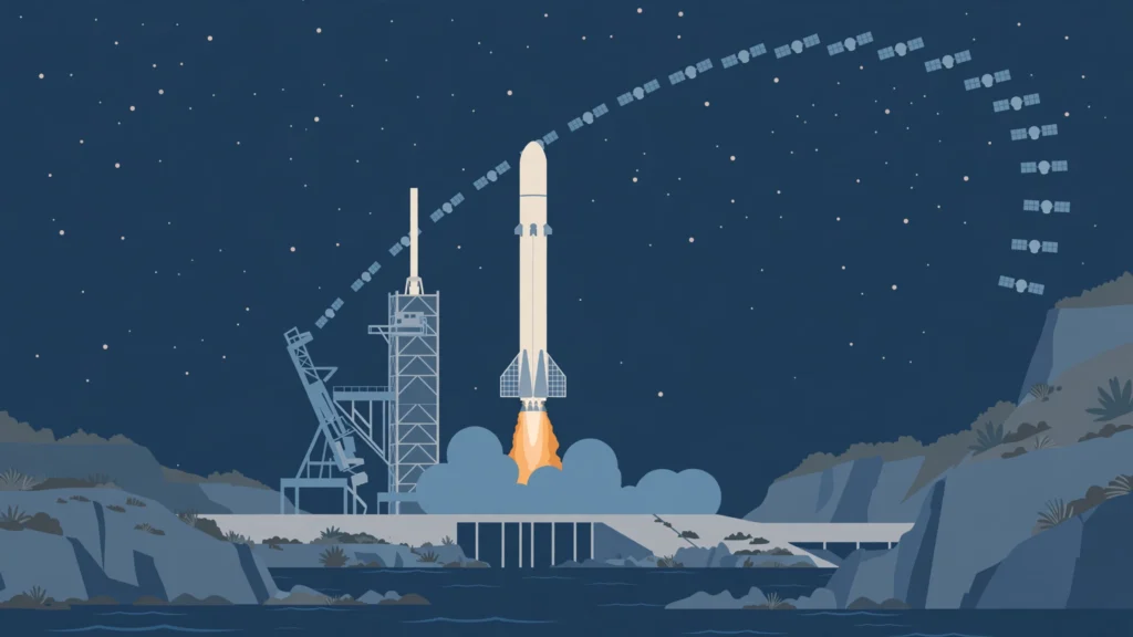 Editorial illustration of a rocket lifting off at night with satellites arcing across the sky