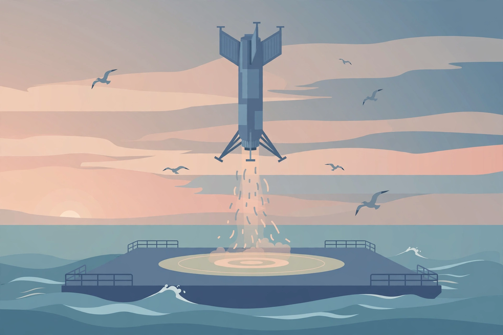 Editorial illustration of a rocket booster landing on a drone ship at sea