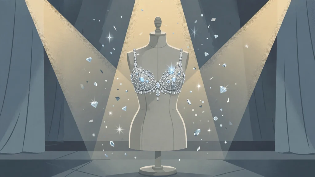Editorial illustration of a diamond-encrusted bra on a dress form under runway spotlights