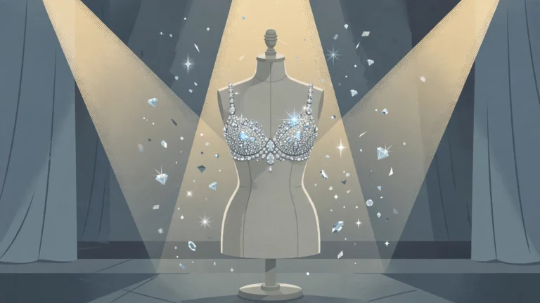 Editorial illustration of a diamond-encrusted bra on a dress form under runway spotlights
