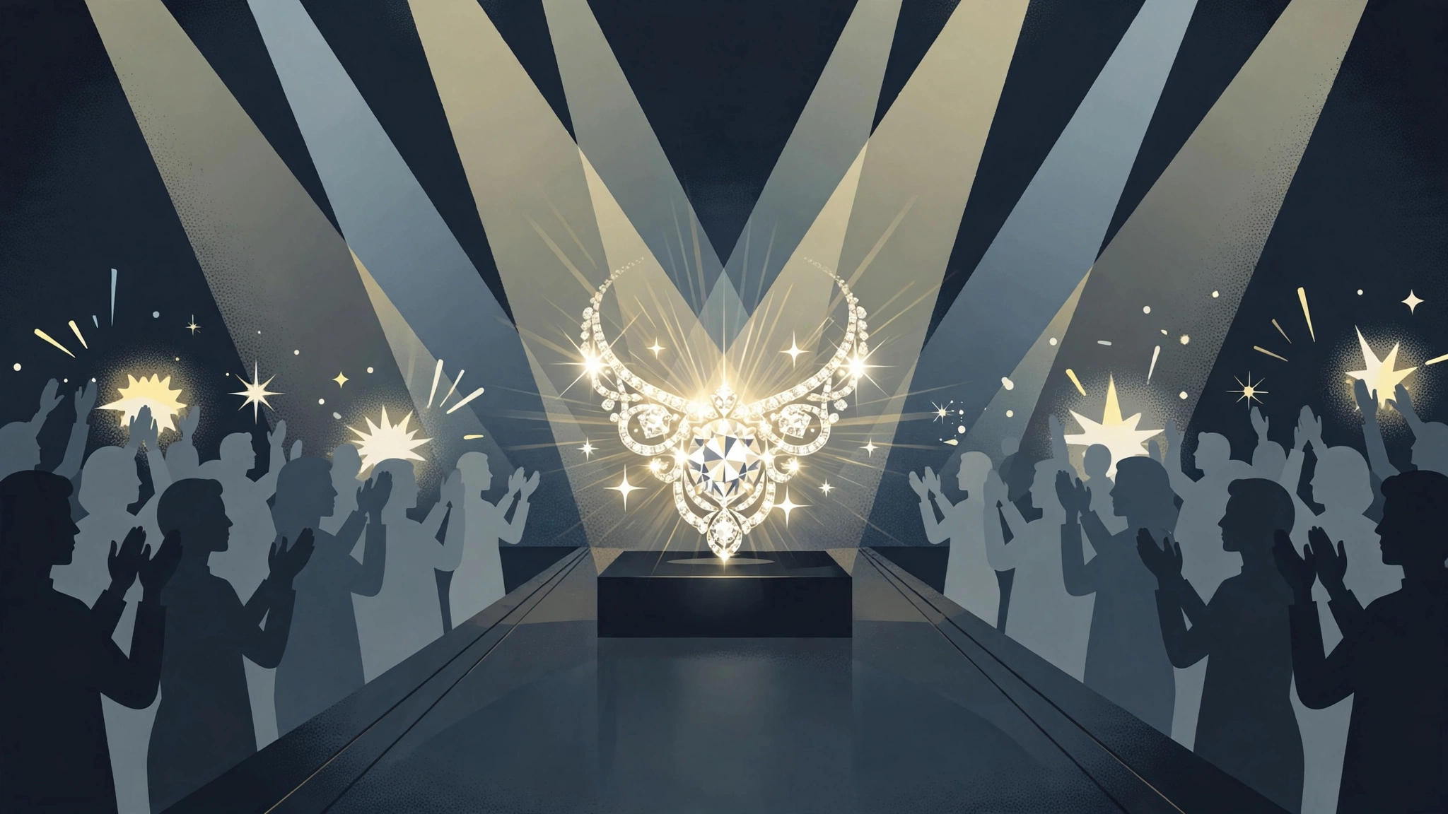 Editorial illustration of a glowing diamond jewelry piece on a dark runway with applauding audience