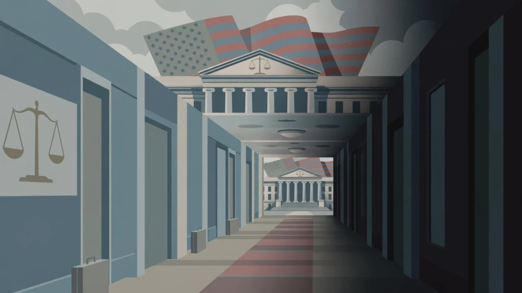 Editorial illustration of a federal courthouse and the scales of justice