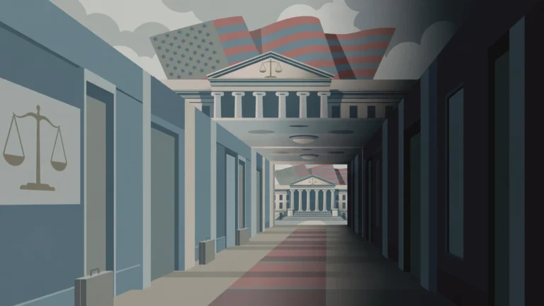 Editorial illustration of a federal courthouse and the scales of justice
