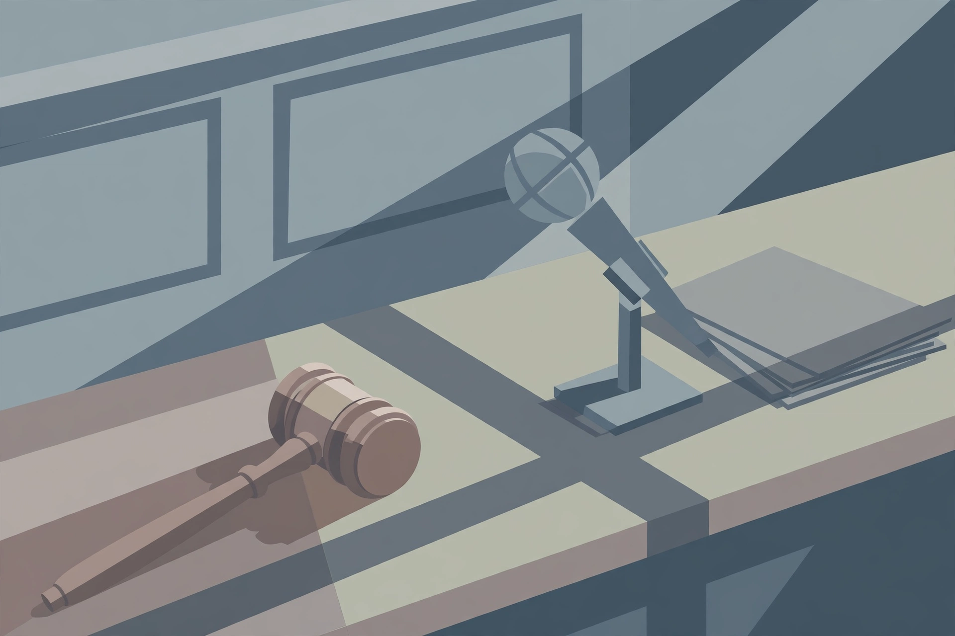 Editorial illustration of a courtroom gavel and microphone