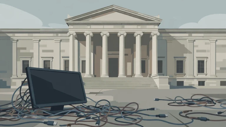 Illustration of a government building with a dark computer screen and disconnected cables
