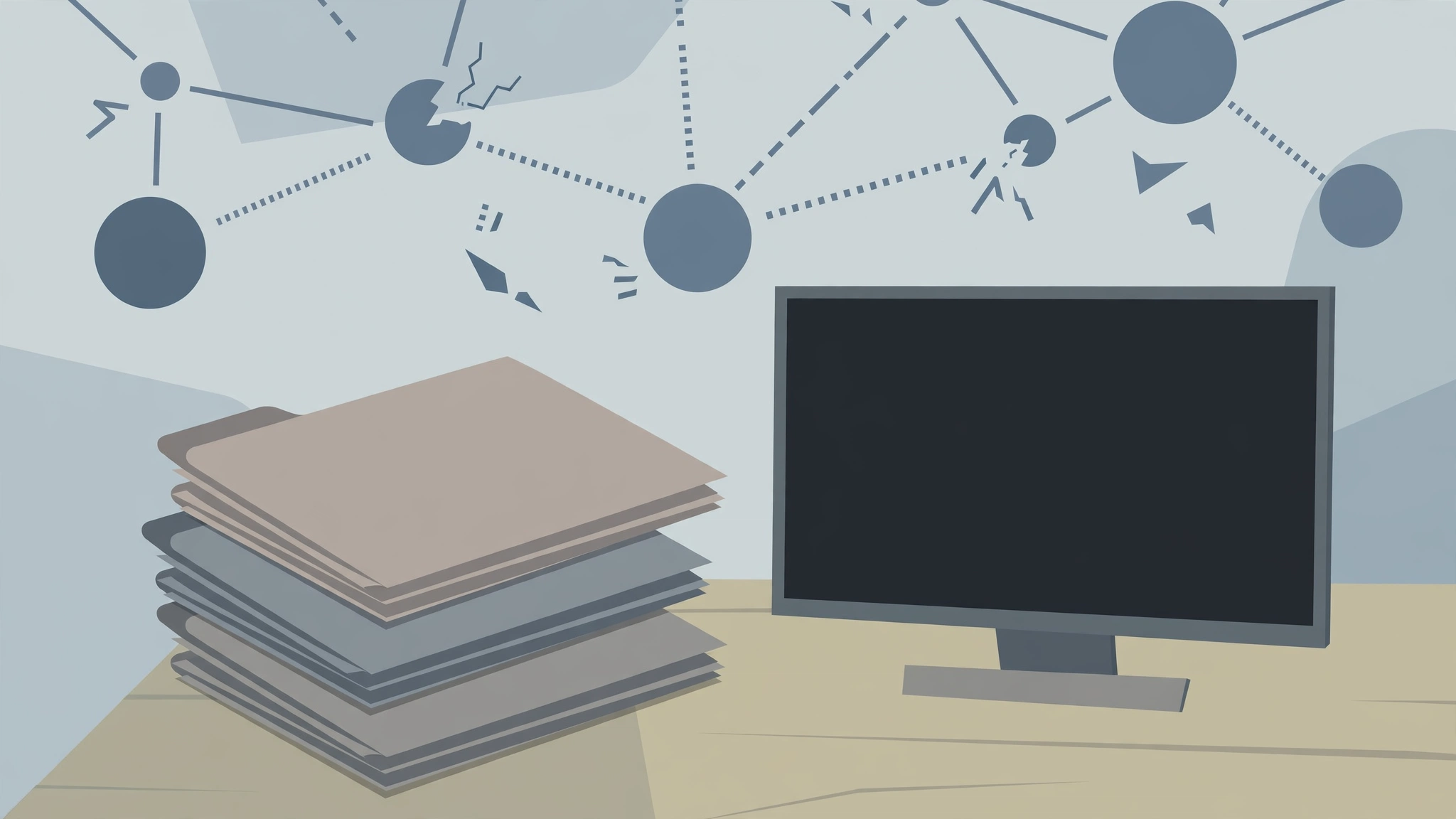 Illustration of campaign finance folders beside a dark computer screen