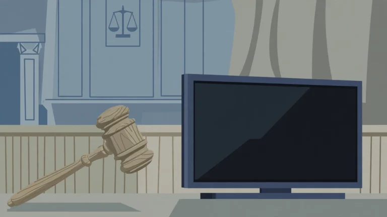 Illustration of a judge's gavel beside a dark television screen in a courtroom