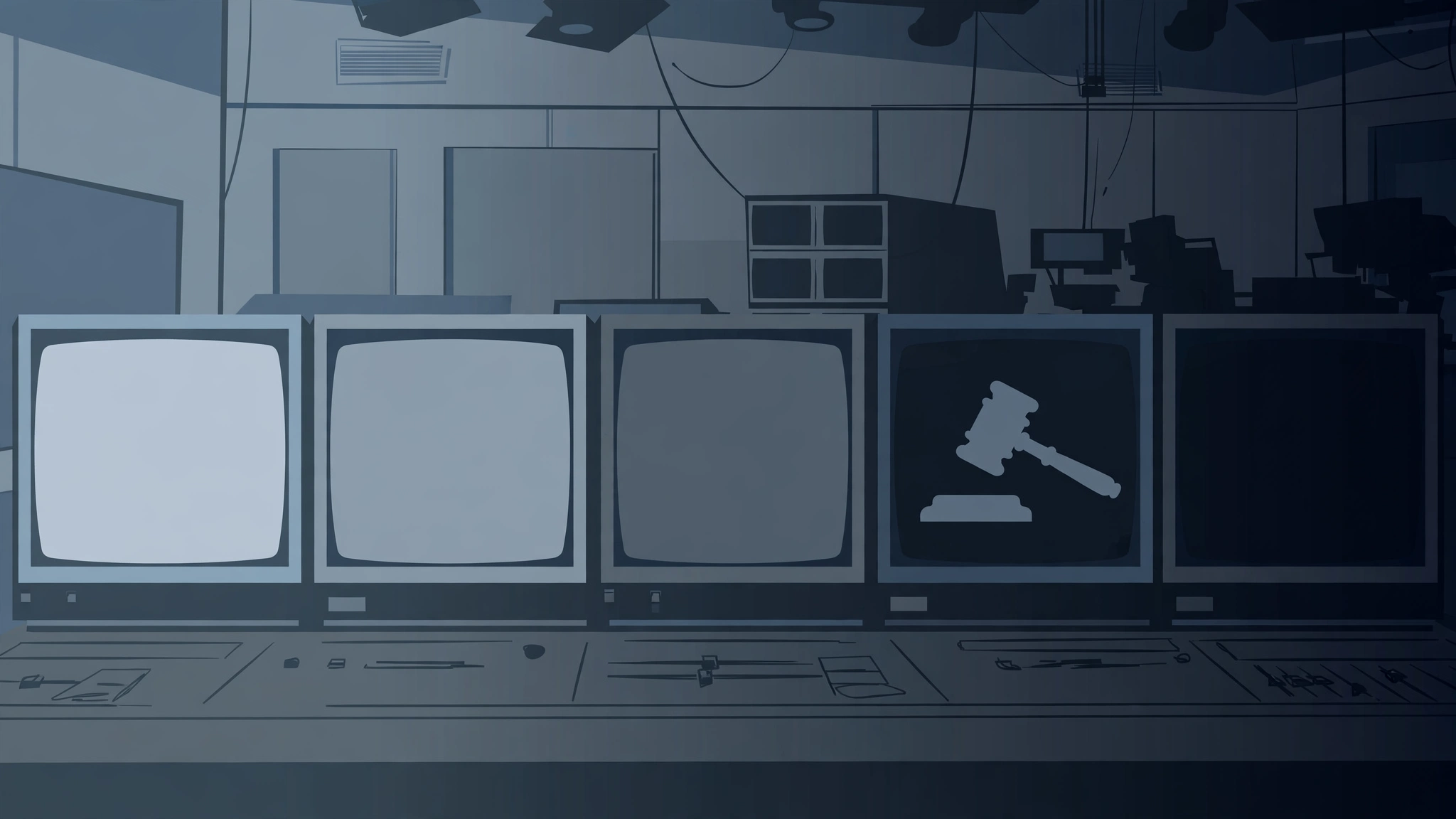 Illustration of television screens going dark in a broadcast studio