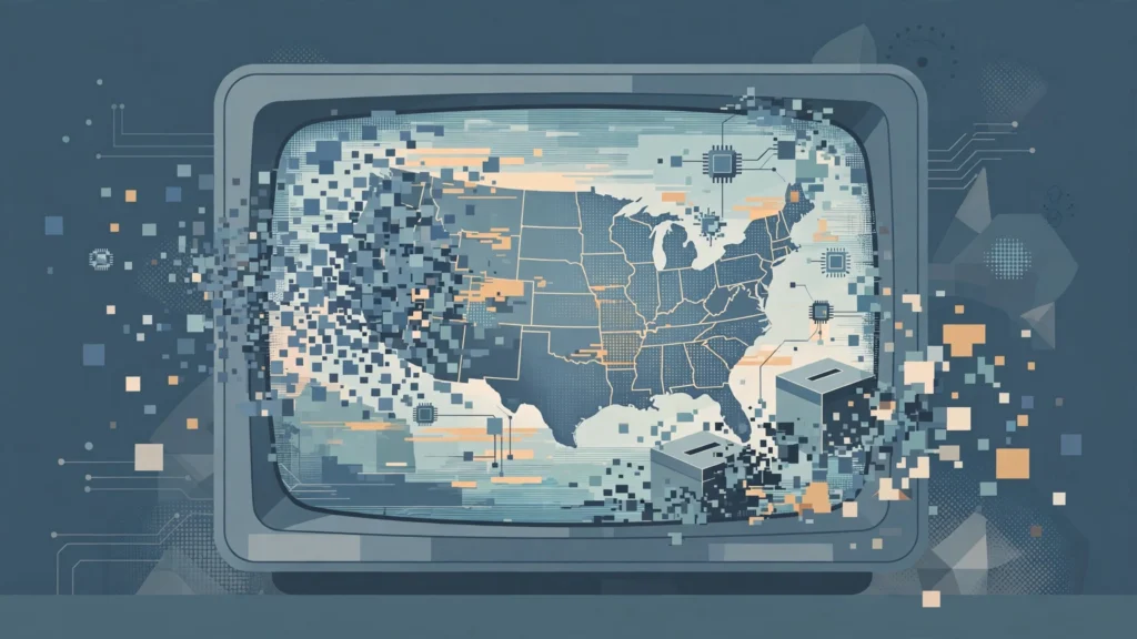 Editorial illustration of a television showing a glitching US map with pixel fragments and ballot boxes