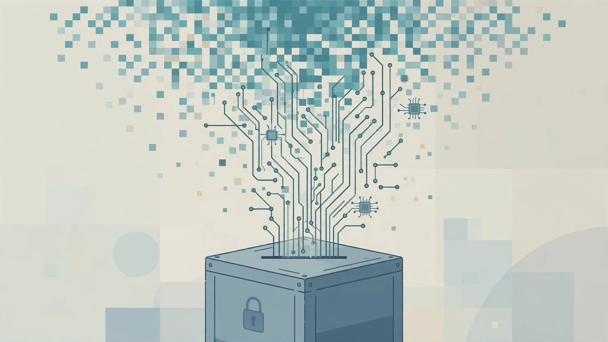Editorial illustration of a ballot box with digital circuitry lines rising from it