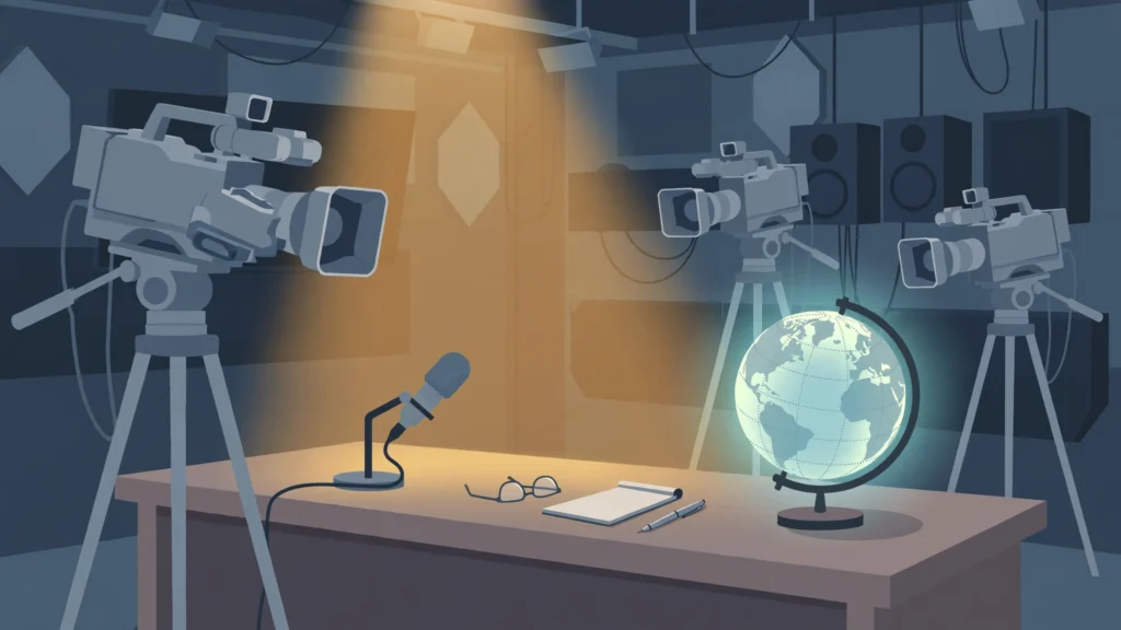 Illustration of an empty television news studio with a world globe