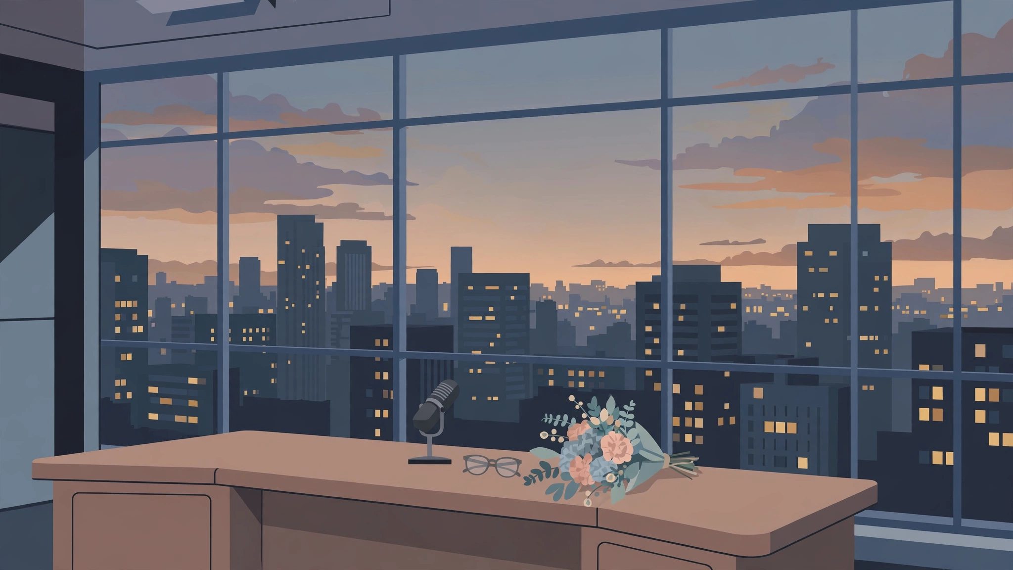 Illustration of an anchor desk at dusk with a microphone and flowers