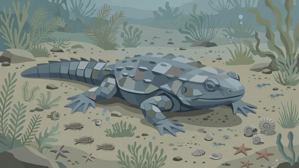 Illustration of an armoured amphibian on an ancient seafloor