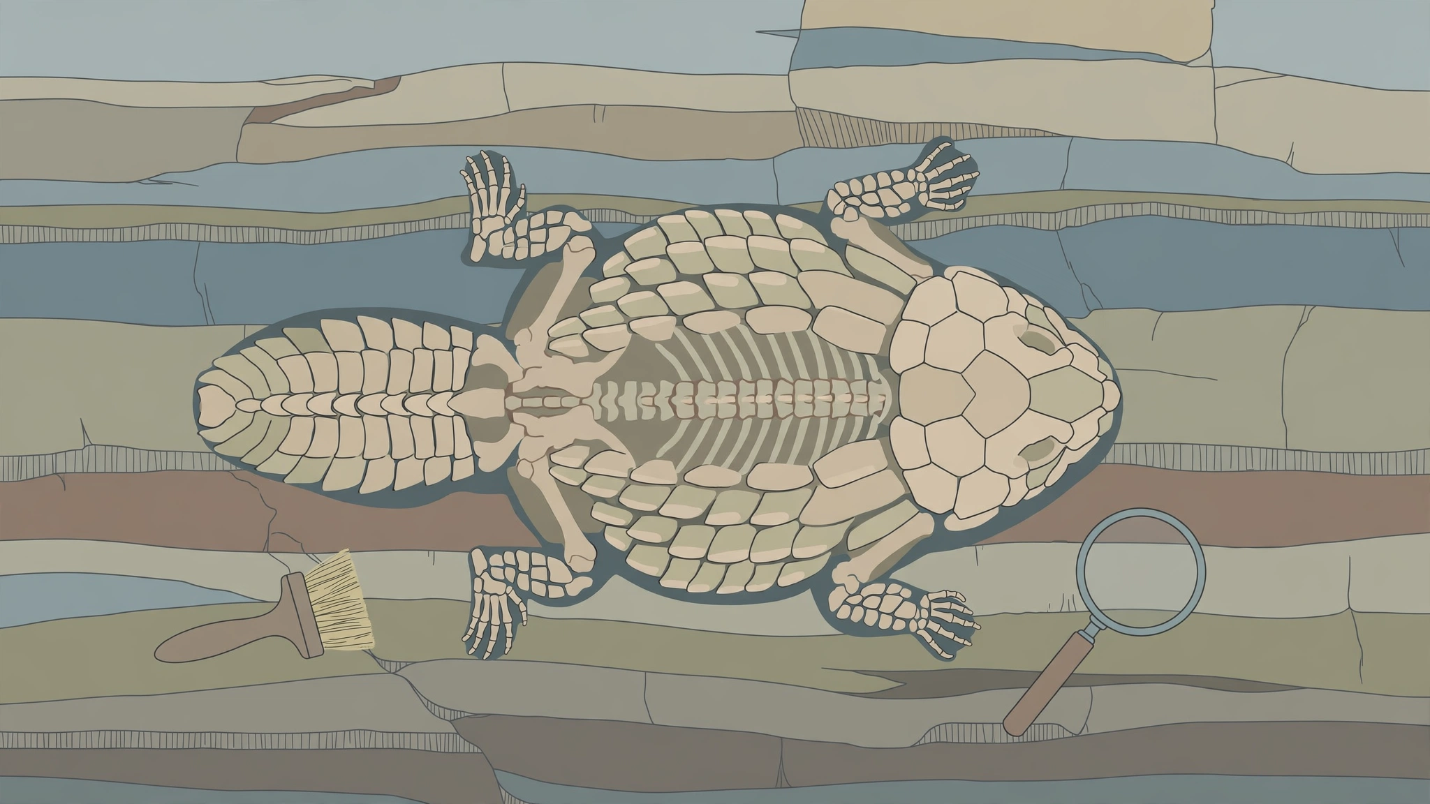 Illustration of an armoured amphibian fossil in layered rock
