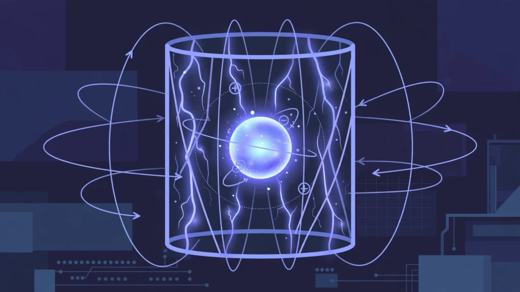 Illustration of a glowing particle suspended inside an electromagnetic trap