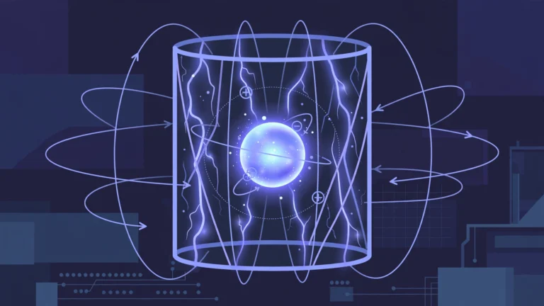 Illustration of a glowing particle suspended inside an electromagnetic trap