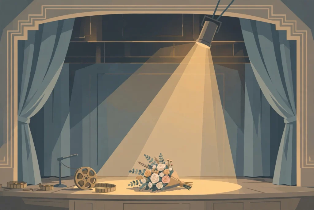Illustration of an empty theatre stage with a spotlight, film reels and a bouquet of flowers