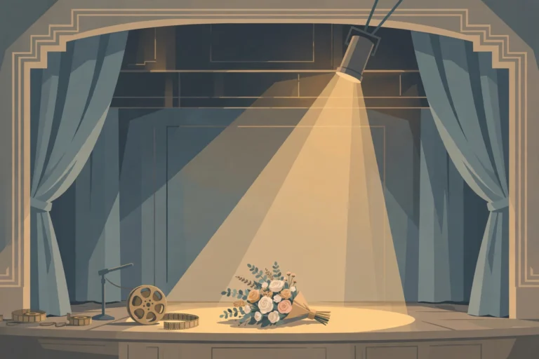 Illustration of an empty theatre stage with a spotlight, film reels and a bouquet of flowers