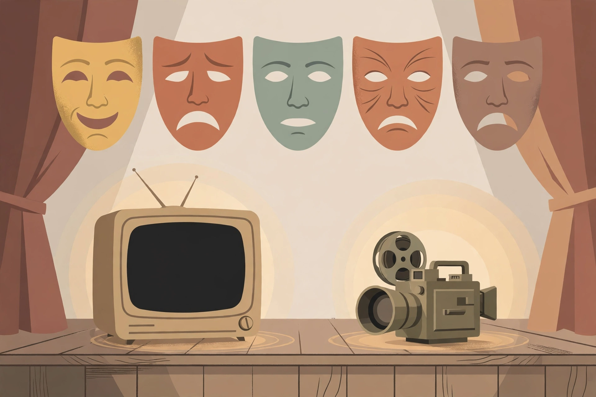 Illustration of theatre masks, a vintage television set and a film camera on a stage