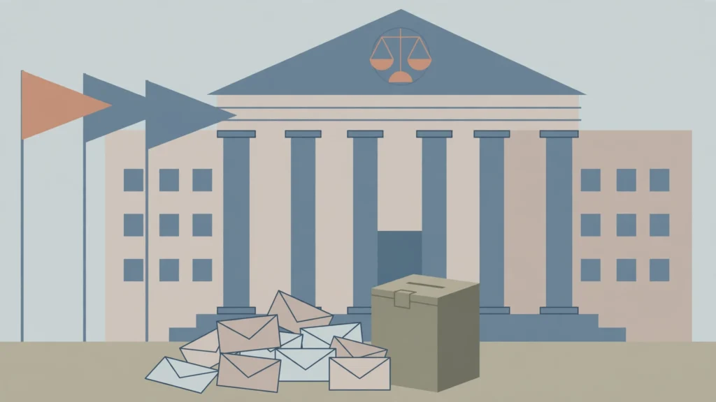 Illustration of a courthouse with mail ballots and a ballot box