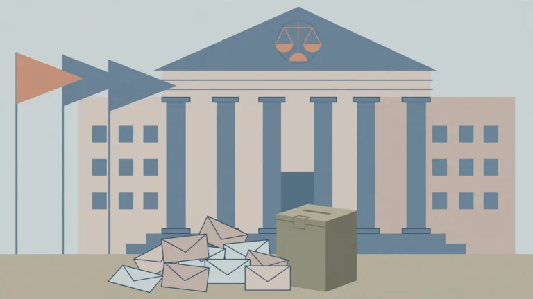 Illustration of a courthouse with mail ballots and a ballot box
