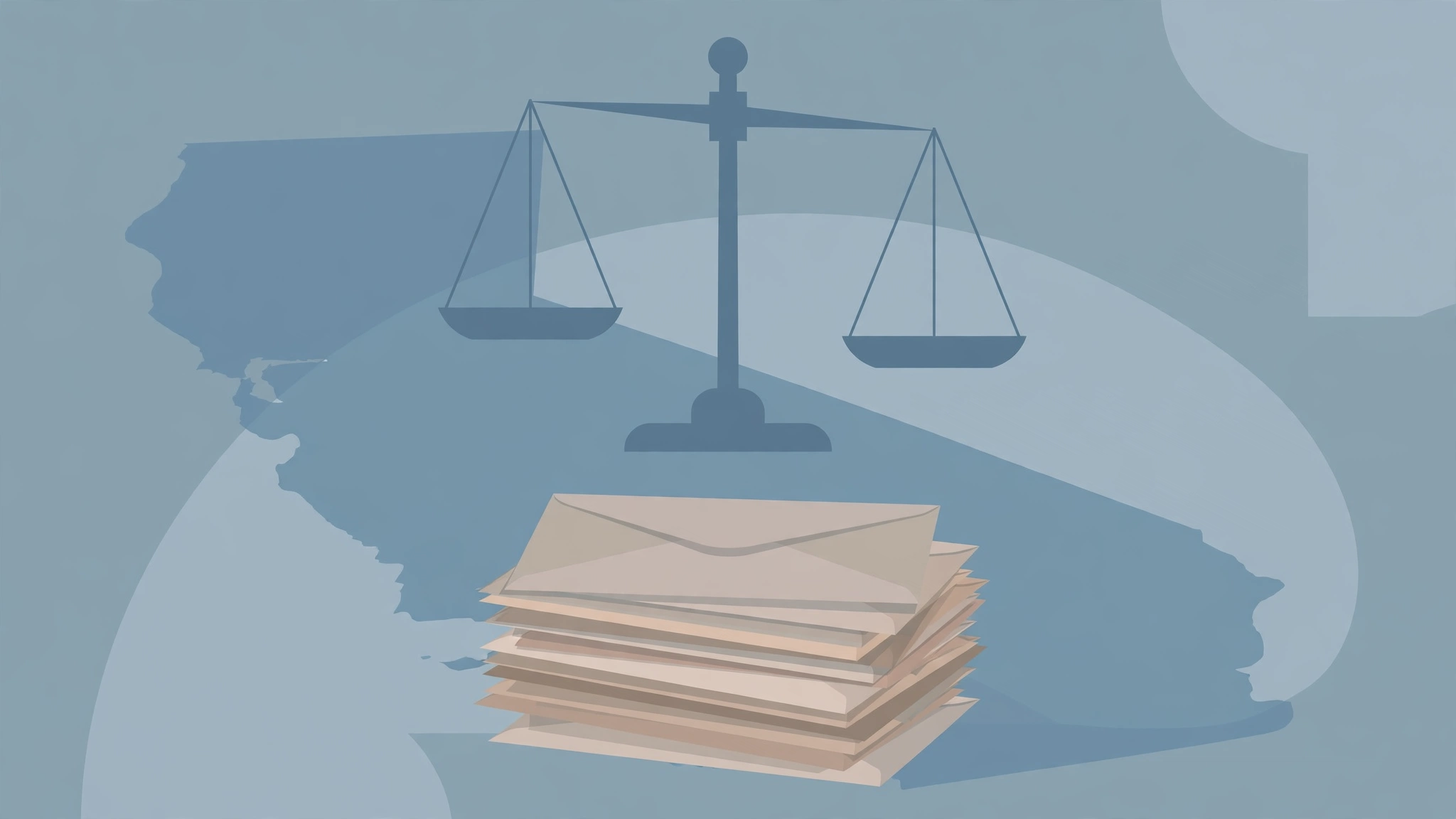 Illustration of scales of justice above a stack of mail envelopes