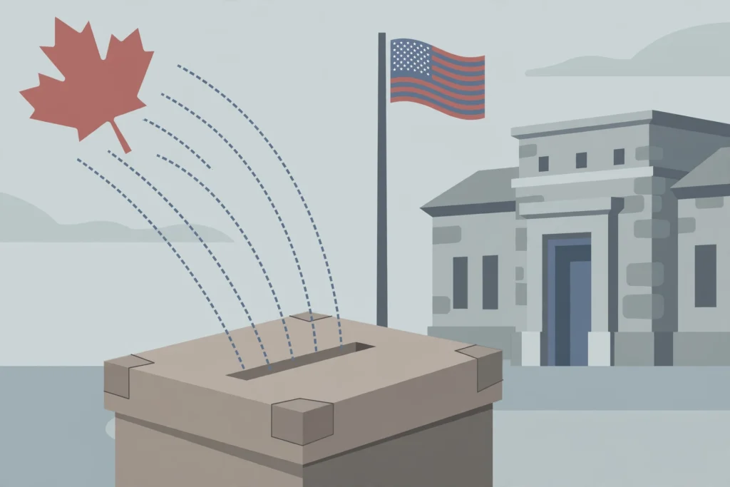 Illustration of a US flag, embassy building and ballot box with influence lines from a maple leaf