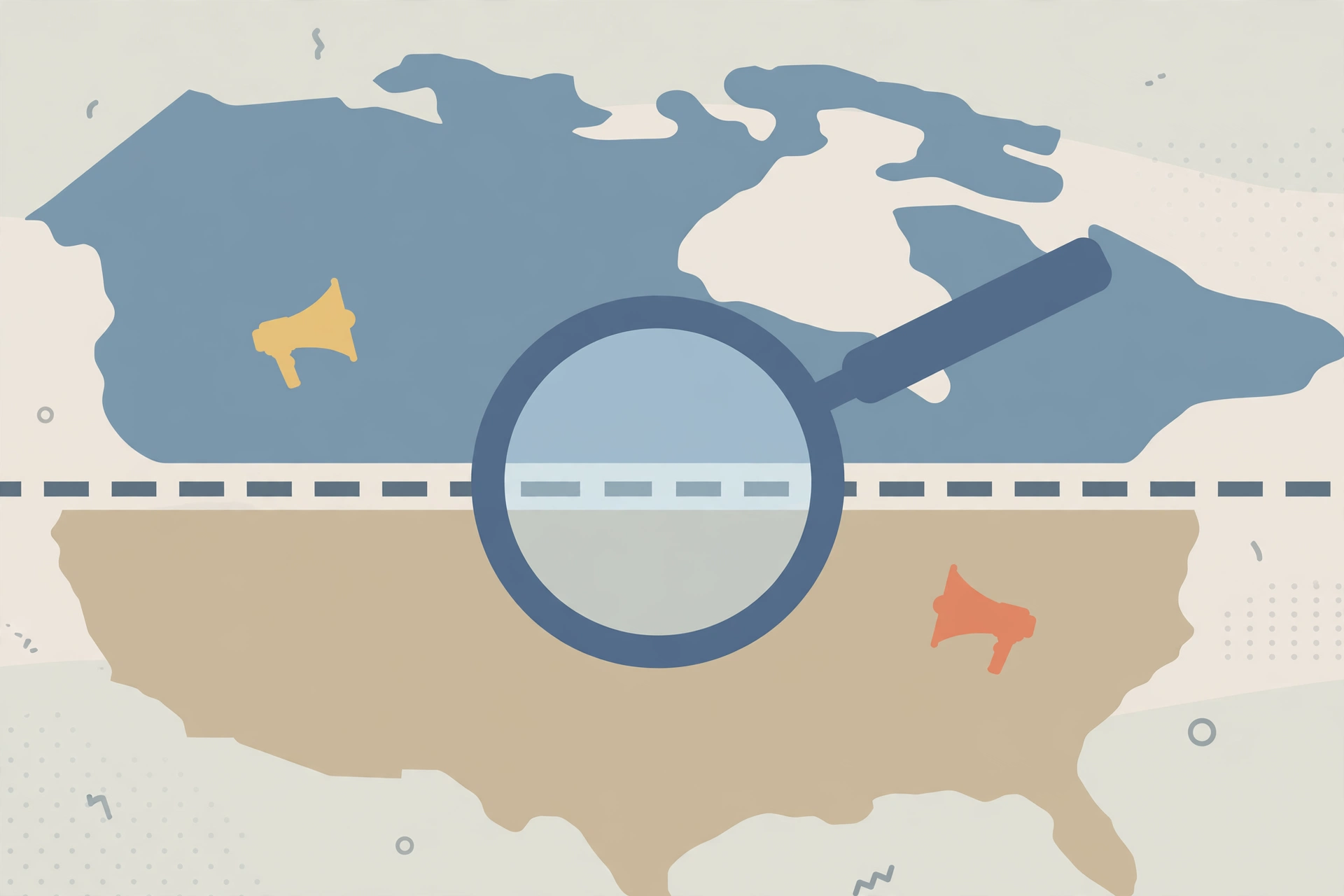 Illustration of a magnifying glass over the US-Canada border with megaphones