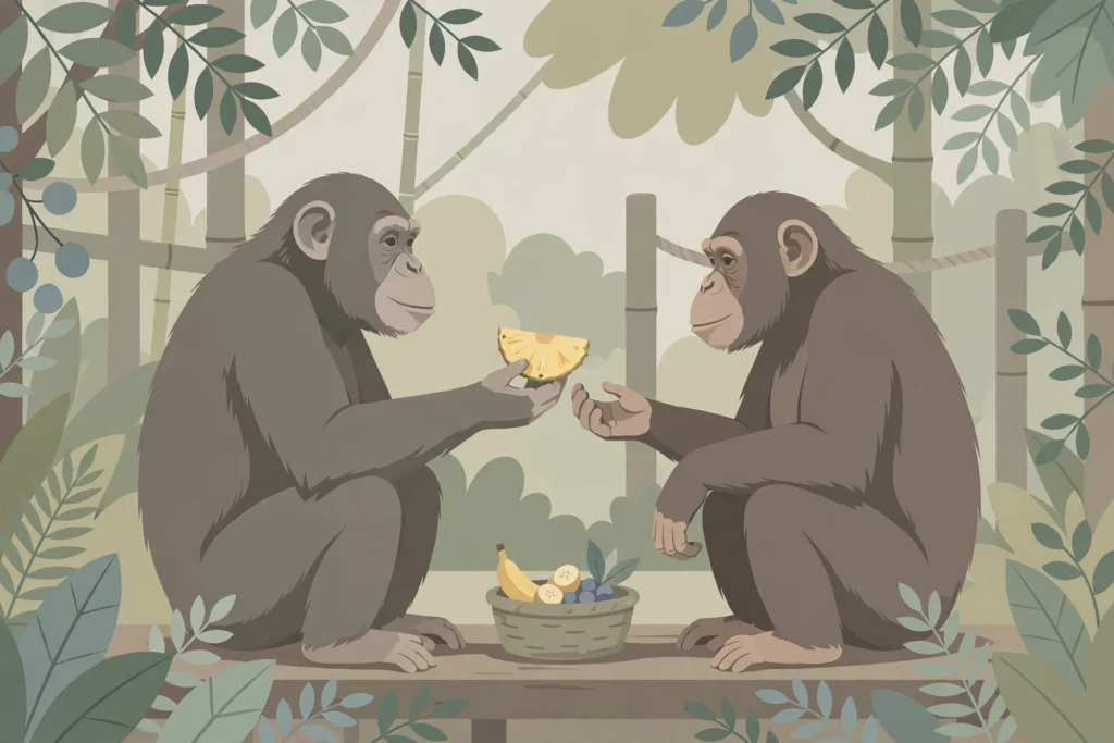 Editorial illustration of two chimpanzees sharing a pineapple slice