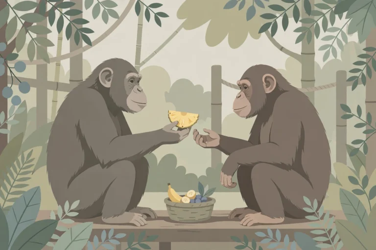 Editorial illustration of two chimpanzees sharing a pineapple slice