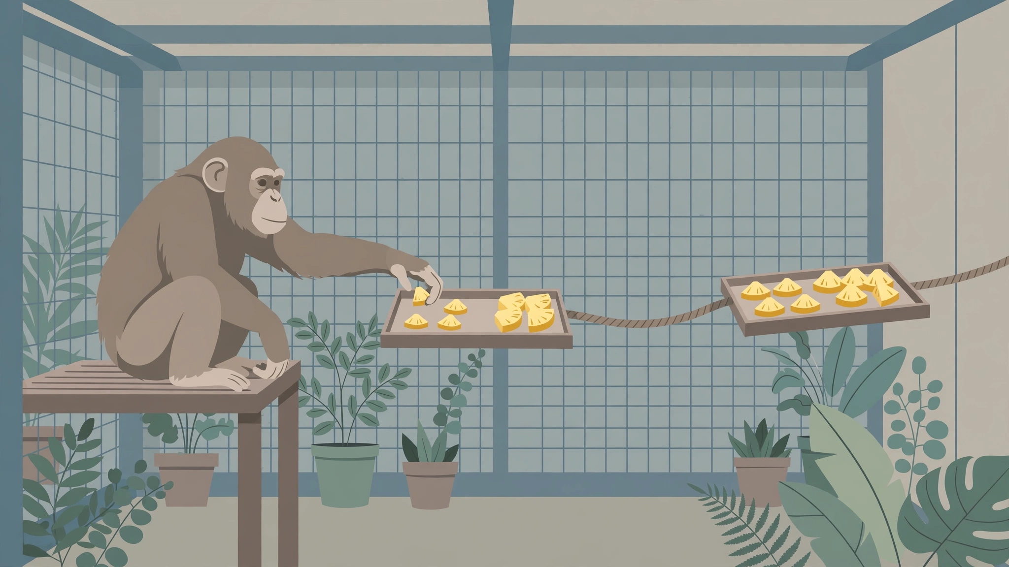Editorial illustration of a chimpanzee pulling trays of pineapple pieces on a rope