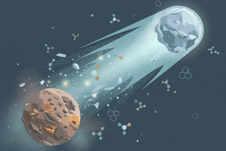 Editorial illustration of a comet streaking past a young planet