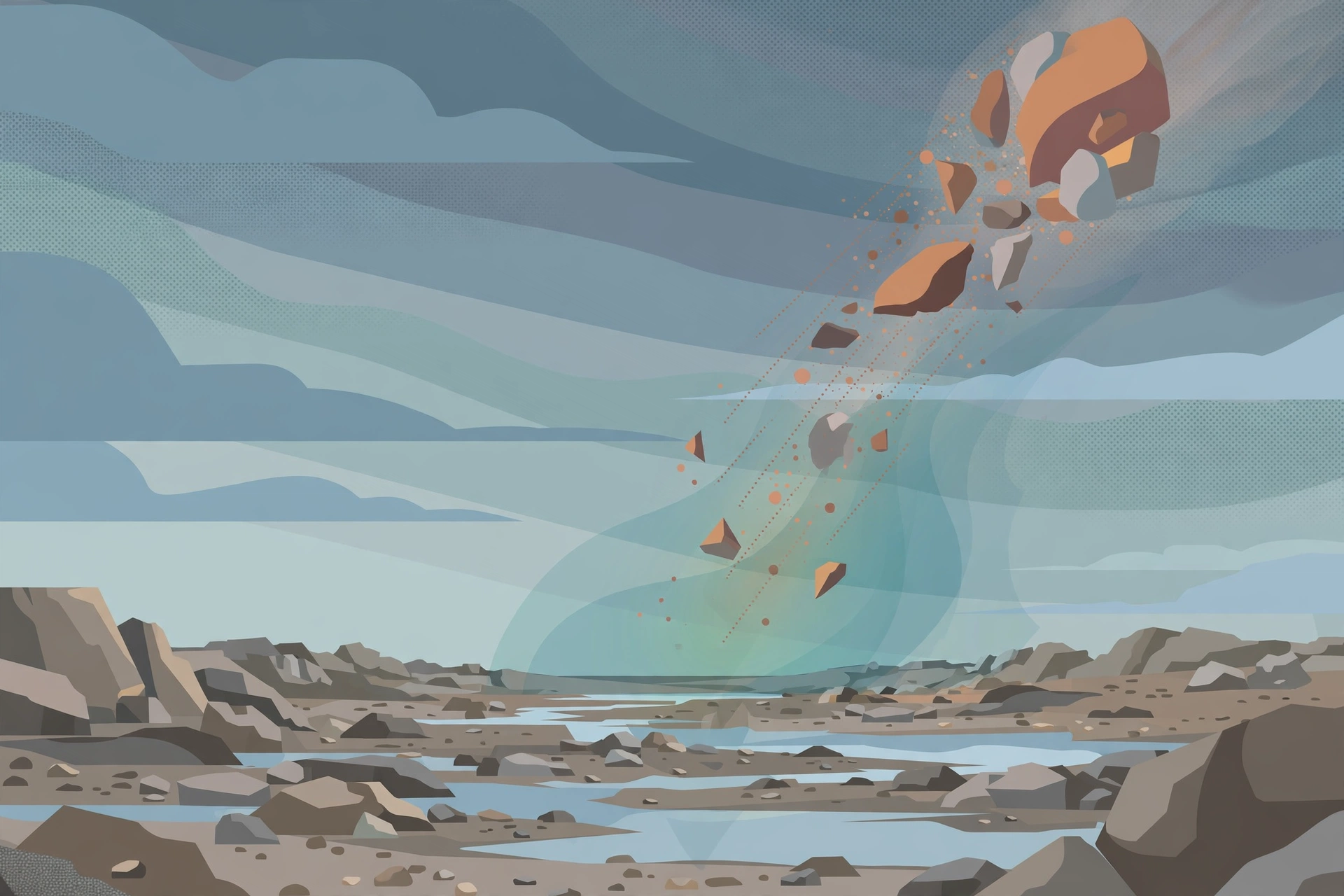 Editorial illustration of a comet breaking apart over a rocky landscape