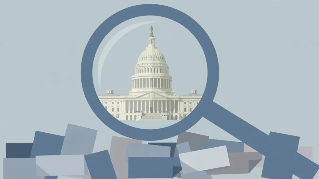 Editorial illustration of the US Capitol building under a magnifying glass