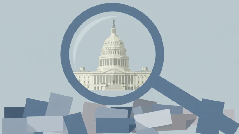 Editorial illustration of the US Capitol building under a magnifying glass
